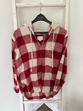 American Eagle Red & Cream Plaid Sherpa Hoodie